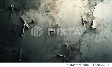 Wall with peeling paint and a grey background. The wall has a lot of cracks and holes, giving it a worn and aged appearance 122836204