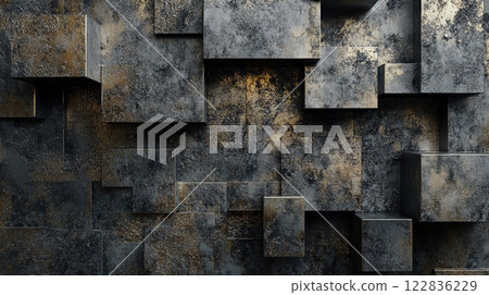 Wall made of large, square blocks of stone. The blocks are arranged in a way that creates a sense of depth and texture. The wall appears to be made of metal, giving it a modern and industrial feel 122836229