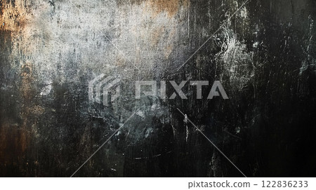 Black and white photo of a wall with a lot of paint splatters and graffiti. Scene is gritty and urban, with a sense of decay and abandonment. The wall appears to be in a state of disrepair 122836233