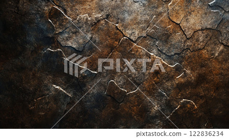 Close up of a rock wall with a lot of cracks and crevices. The wall is brown and gray, and the cracks are deep and jagged. Scene is one of ruggedness and decay 122836234