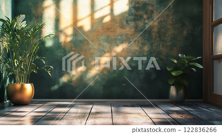 Room with a green wall and a plant in a pot. The room is empty and has a lot of natural light coming in from the window 122836266