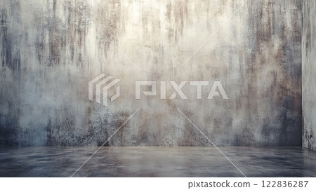 Large, empty room with a wall that is covered in graffiti. The wall is covered in a variety of colors and patterns, giving it a somewhat chaotic appearance. The room is mostly empty 122836287