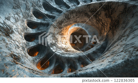 Spiral shaped object with a hole in the middle. The spiral is made of stone and has a rough texture. The hole in the middle of the spiral is illuminated, creating a sense of depth and mystery 122836305