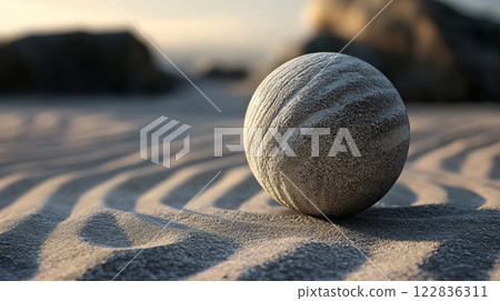 Small, round stone is sitting on a sandy beach. The image has a calm and peaceful mood, as the stone is the only object in the scene 122836311