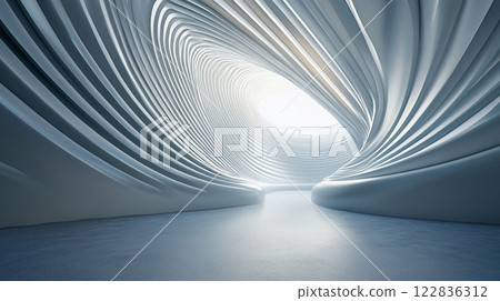 Large, curved space with a light shining through the center. The space is empty and features a lot of white lines 122836312