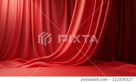 Red curtain hangs in front of a wall. The curtain is long and red, and it is draped over the wall. The curtain creates a sense of drama and elegance 122836327