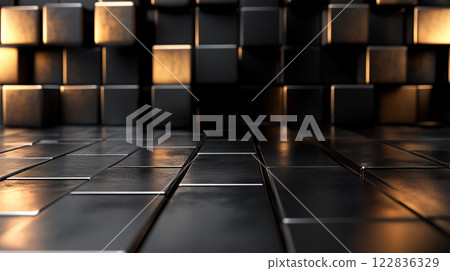 Black and gold background with a lot of squares. The squares are all different sizes and are arranged in a way that creates a sense of depth and dimension. Scene is one of sophistication Black and gold background with a lot of squares. The squares are all different sizes and are arranged in a way that creates a sense of depth and dimension. Scene is one of sophistication 122836329