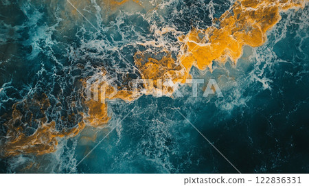 The image is of a body of water with a yellow and blue wave pattern. The colors are vibrant and the wave pattern is dynamic, giving the impression of movement and energy. Scene is lively and dynamic The image is of a body of water with a yellow and blue wave pattern. The colors are vibrant and the wave pattern is dynamic, giving the impression of movement and energy. Scene is lively and dynamic 122836331