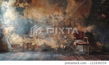 Wooden chair is placed in front of a wall that has a lot of texture and paint. The chair is brown and looks like it has been there for a while 122836334