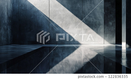 Room with a wall and a floor. The floor is wet and the wall is grey. There is a reflection of the sun on the floor Room with a wall and a floor. The floor is wet and the wall is grey. There is a reflection of the sun on the floor 122836335