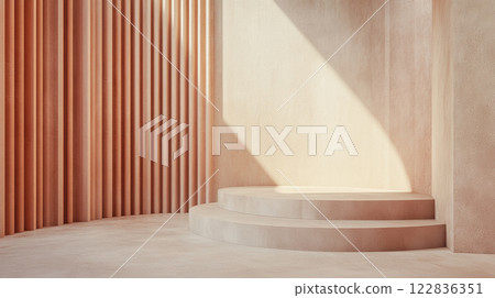 Room with a wooden wall and a stone staircase. The room is empty and has a minimalist feel Room with a wooden wall and a stone staircase. The room is empty and has a minimalist feel 122836351