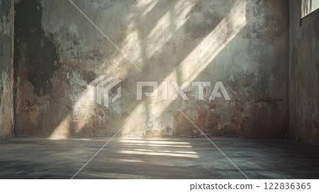 Large empty room with a wall that is covered in cracks and peeling paint. The room is bare and empty, with no furniture or decorations. The sunlight is shining through a window 122836365