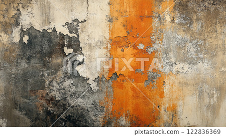 Wall with a grey and orange stripe. The wall is old and has a lot of cracks and peeling paint 122836369