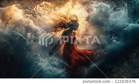 Woman in a red dress is in the water, surrounded by waves. The image has a dreamy, ethereal quality to it, as if the woman is floating on top of the water. The water is choppy and turbulent Woman in a red dress is in the water, surrounded by waves. The image has a dreamy, ethereal quality to it, as if the woman is floating on top of the water. The water is choppy and turbulent 122836376