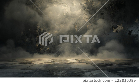 The room is dimly lit and filled with smoke and dust. It is empty and abandoned, with no furniture or people visible. The walls are covered in grime and the floor is littered with debris 122836389