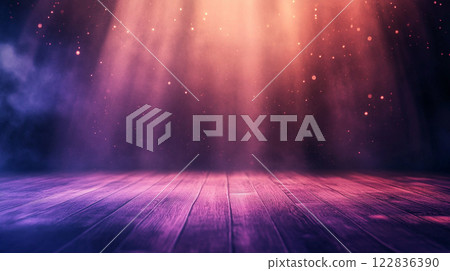 Purple and orange light is shining on a wooden floor. The light is creating a bright and colorful atmosphere 122836390