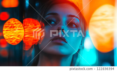 Woman with a red and blue background. The woman is looking at the camera. The background is blurry and colorful Woman with a red and blue background. The woman is looking at the camera. The background is blurry and colorful 122836394
