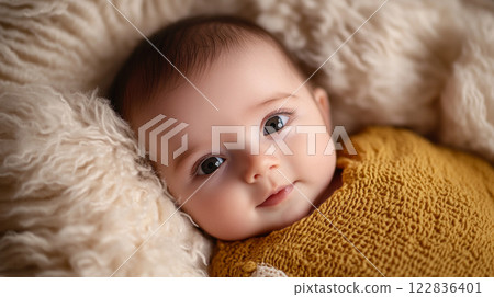 Baby is smiling and looking at the camera. The baby is wearing a yellow sweater and is laying on a white blanket 122836401