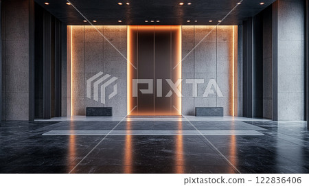 Large, empty room with a black floor and orange lighting. The room is empty and has a modern, industrial feel 122836406