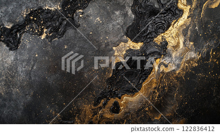 Black and gold painting with a lot of texture and splatter. The painting is abstract and has a lot of depth Black and gold painting with a lot of texture and splatter. The painting is abstract and has a lot of depth 122836412