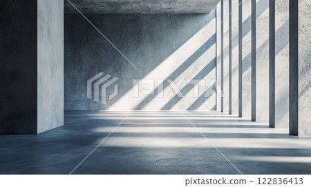 Large, empty room with a lot of light coming in from the windows. The room is made of concrete and has a very modern feel to it Large, empty room with a lot of light coming in from the windows. The room is made of concrete and has a very modern feel to it 122836413