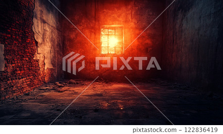 Window in a room with a brick wall. The window is lit up by a bright light Window in a room with a brick wall. The window is lit up by a bright light 122836419