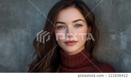 Woman with long brown hair and a red sweater stands in front of a wall. She has a bright smile on her face Woman with long brown hair and a red sweater stands in front of a wall. She has a bright smile on her face 122836422