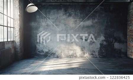 Large empty room with a brick wall and a window. The room is very bare and empty, with no furniture or decorations. The light shining through the window creates a stark contrast between the light Large empty room with a brick wall and a window. The room is very bare and empty, with no furniture or decorations. The light shining through the window creates a stark contrast between the light 122836425