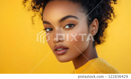 Woman with dark hair and brown eyes is wearing a yellow sweater. She has a nice smile and is looking directly at the camera 122836429