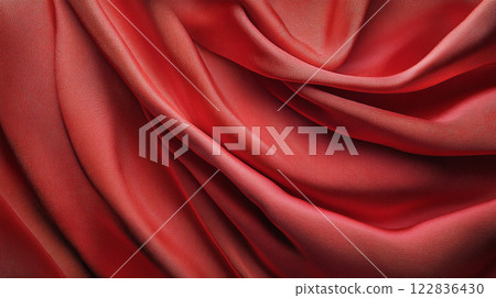Red fabric with a wave pattern. The fabric is long and has a wave pattern Red fabric with a wave pattern. The fabric is long and has a wave pattern 122836430