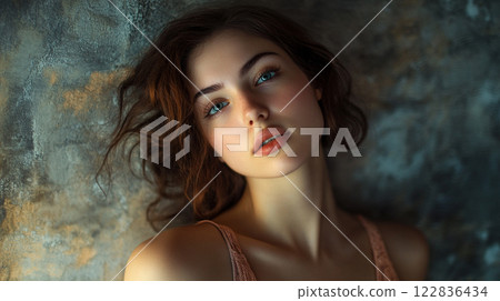 Woman with long brown hair and blue eyes is standing in front of a wall. She is wearing a pink tank top and has a smile on her face 122836434