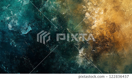 Painting of a blue and yellow sky with a lot of texture. The painting is abstract and has a lot of different colors Painting of a blue and yellow sky with a lot of texture. The painting is abstract and has a lot of different colors 122836437