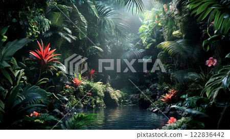 Lush jungle with a river running through it. The river is surrounded by a variety of plants and flowers, including a red flower. The scene is vibrant and full of life, with the colors of the plants Lush jungle with a river running through it. The river is surrounded by a variety of plants and flowers, including a red flower. The scene is vibrant and full of life, with the colors of the plants 122836442