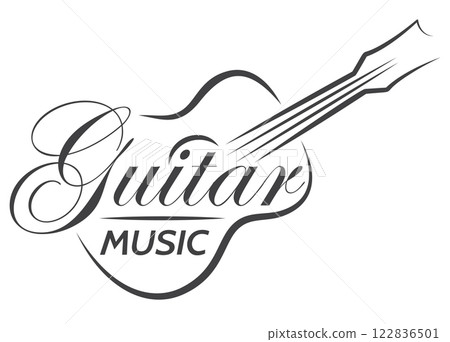 An elegant guitar music logo featuring a sleek black and white design with flowing lines and a sophisticated script font 122836501