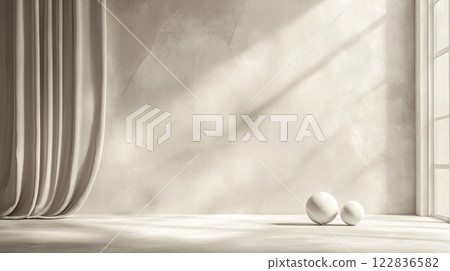 White room with a curtain and two white balls. The room is empty and the balls are placed on the floor 122836582