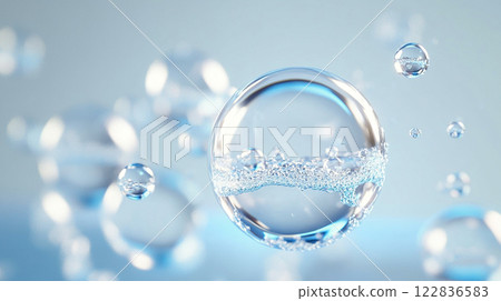 Clear sphere of water with many small bubbles surrounding it. The bubbles are scattered around the sphere, some are close to the center and others are further away. Concept of calm and tranquility Clear sphere of water with many small bubbles surrounding it. The bubbles are scattered around the sphere, some are close to the center and others are further away. Concept of calm and tranquility 122836583