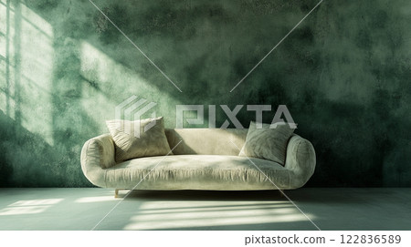 White couch is sitting in a room with a green wall. The couch is empty and the room is bright and sunny White couch is sitting in a room with a green wall. The couch is empty and the room is bright and sunny 122836589