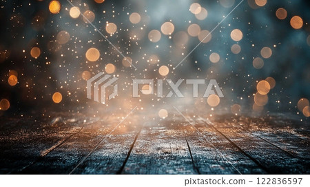 Blurry image of a wooden floor with a lot of light shining on it. The light creates a sparkling effect, giving the impression of a winter scene 122836597