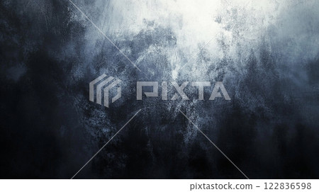 Blurry image of a dark sky with a white cloud. The sky is filled with a lot of white and blue paint splatters, giving it a chaotic and disordered appearance. Scene is one of confusion and disorder 122836598