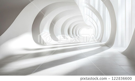 Long, narrow, white hallway with a white ceiling. The walls are curved and the floor is made of wood. The hallway is empty and the only light source is coming from the sun 122836600