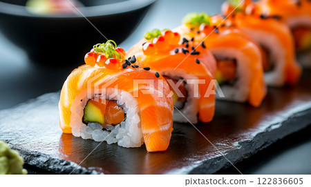 Plate of sushi with a black background. The sushi is cut in half and has a green garnish on top Plate of sushi with a black background. The sushi is cut in half and has a green garnish on top 122836605