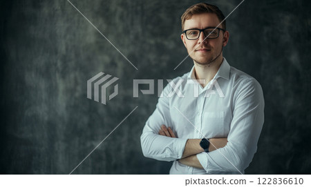 Man wearing glasses and a white shirt is standing with his arms crossed. He is smiling and looking directly at the camera 122836610