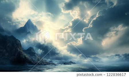 Mountain range with a cloudy sky and a sun in the background. The sky is mostly cloudy with a few patches of blue. The sun is shining through the clouds, creating a beautiful and serene atmosphere Mountain range with a cloudy sky and a sun in the background. The sky is mostly cloudy with a few patches of blue. The sun is shining through the clouds, creating a beautiful and serene atmosphere 122836617