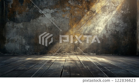 Large empty room with a wooden floor and a wall with a sunbeam shining on it. The room is bare and empty, with no furniture or decorations Large empty room with a wooden floor and a wall with a sunbeam shining on it. The room is bare and empty, with no furniture or decorations 122836623