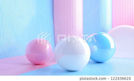 Three round balls of different colors are placed on a blue and pink background. The balls are arranged in a way that they appear to be floating in the air, creating a sense of lightness 122836628