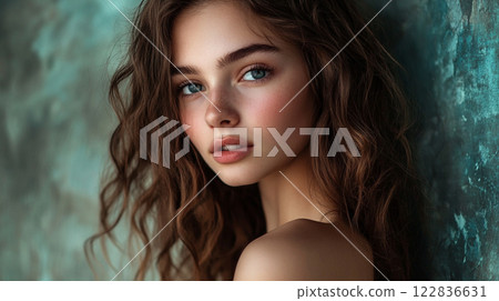 Woman with long brown hair and a pinkish face. She is looking at the camera. The image has a warm and inviting mood 122836631