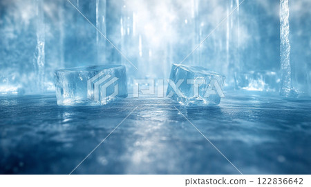 Two ice cubes are floating in a blue body of water. The water is cold and clear, and the ice cubes are floating on top of it. The scene is peaceful and serene 122836642