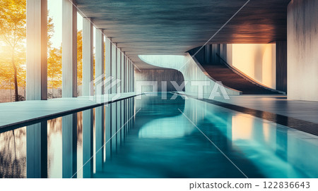 Long, narrow pool with a tree in the background. The pool is surrounded by pillars and has a staircase leading up to it. The water is calm and clear 122836643