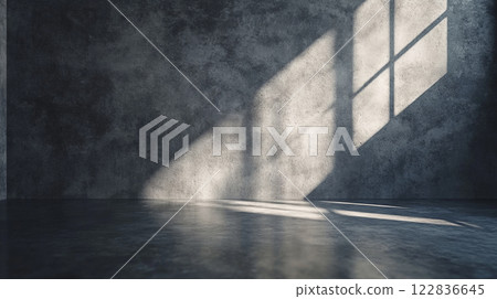 Large room with a window that is letting in sunlight. The room is empty and has a very plain and simple appearance Large room with a window that is letting in sunlight. The room is empty and has a very plain and simple appearance 122836645