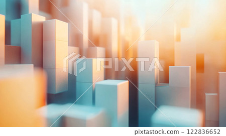 Cityscape of tall buildings with a bright orange sun in the background. The buildings are made of white blocks and are arranged in a way that creates a sense of depth and perspective 122836652
